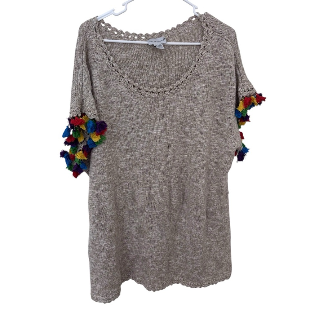 Soft Surrounding Beige Knit crochet Top with Colorful Tassels relaxed fit XL